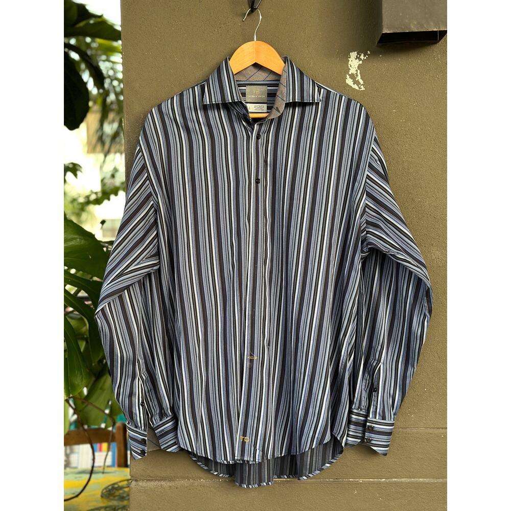 Thomas Dean Men's Large Multicolor Striped Flip Cuff Button Down Dress Shirt